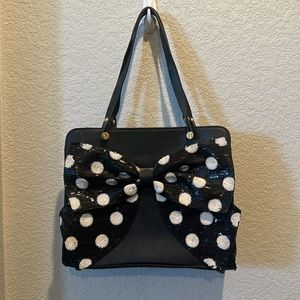 Betsy Johnson black purse with black and white polka dot, sequin bow.